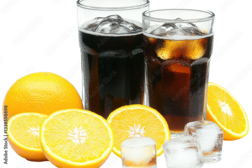 Refreshing beverages with oranges and ice on a bright background Refreshing beverages with oranges and ice on a bright background