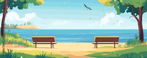 Tranquil beach scene with benches and trees under clear skies.