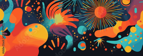 Abstract colorful fireworks and shapes on a night sky background.