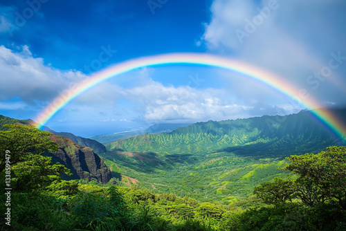 A rainbow arches over the green mountains of Kauai, Hawaii, with lush tropical vegetation and a blue sky in the background.