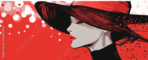 Stylish woman in red hat with black dress and earrings on patterned red and white background.