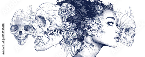 Surreal line art: woman's profile with floral skull illustrations.