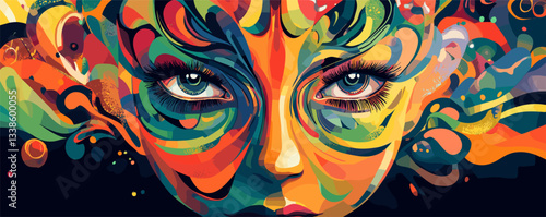 Vivid multicolor abstract face with swirling patterns and intense eyes.