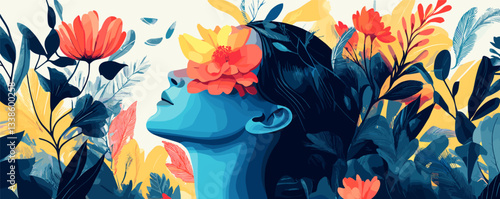 Dreamy floral illustration of woman surrounded by lush colorful leaves and flowers.