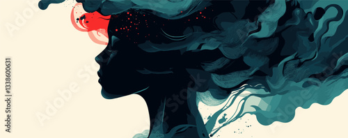 Abstract silhouette of woman with colorful flowing hair in artistic design.