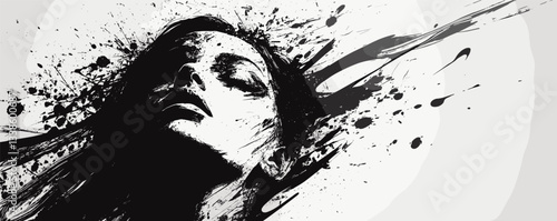 Abstract portrait of woman in ink splash style with expression of serenity.