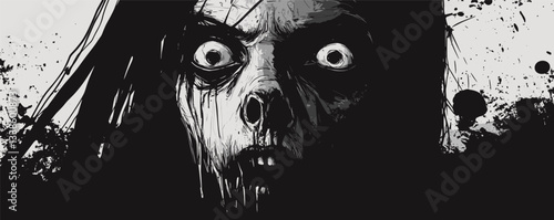 Terrifying grimacing portrait of a ghostly figure with wide eyes in monochrome art.
