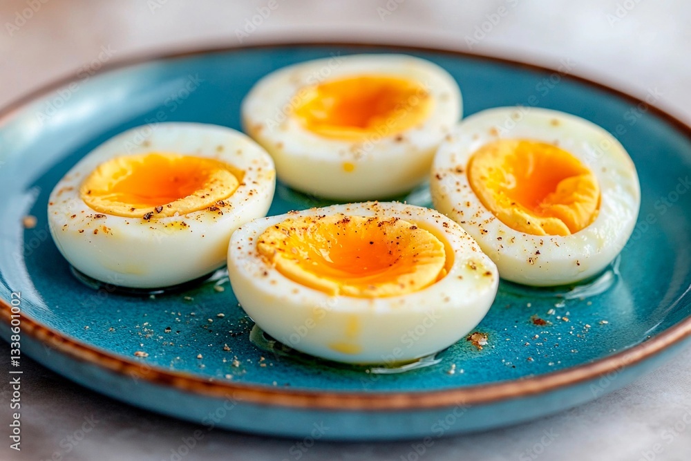 Four boiled eggs cut in half on a vibrant blue plate, showcasing bright yellow yolks. Each egg is lightly seasoned and glistening, ideal for a nutritious meal Four boiled eggs cut in half on a vibrant blue plate, showcasing bright yellow yolks. Each egg is lightly seasoned and glistening, ideal for a nutritious meal
