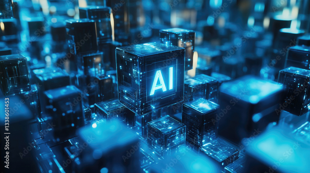 Obraz premium Glowing AI data cube in a futuristic digital environment, symbolizing artificial intelligence,data processing, and advanced computing. Concept of machine learning,neural networks, cyber technology.