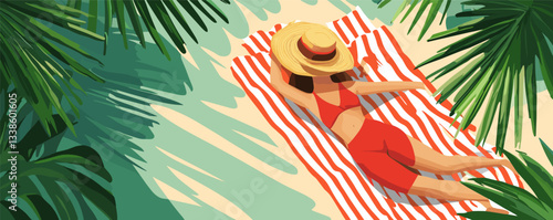 Woman sunbathing in red swimsuit on striped towel under palm leaves.