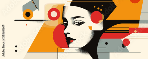 Abstract portrait of woman in geometric art style with bold colors and shapes.