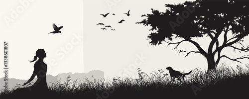 Silhouette of woman meditating in nature with dog and birds at sunset.