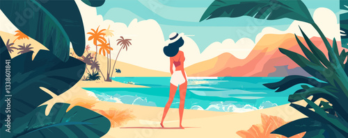 Woman in sun hat admiring tropical beach with lush foliage and scenic mountain view.