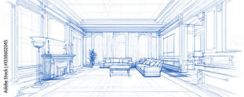 Elegant architectural blueprint of spacious living room with classic elements and large windows.