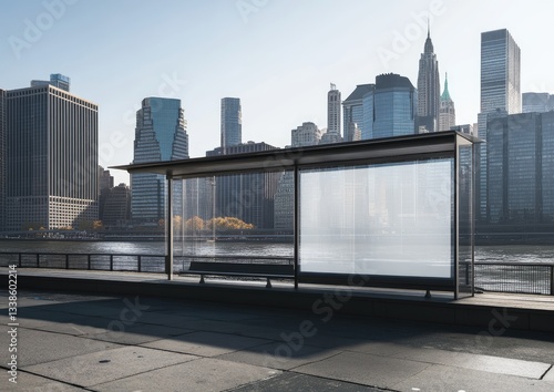 A mockup of an empty digital billboard on the side of a bus stop in New York City, with buildings and skyscrapers behind it