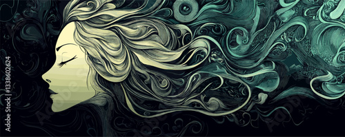 Abstract portrait of a woman with flowing hair in swirling patterns and dark green tones.