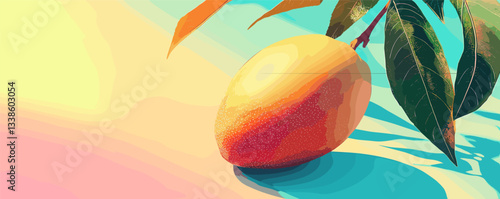 Colorful tropical mango on branch with leaves in vibrant sunlit background.