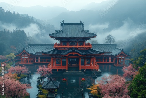 A large beautiful temple surrounded by water and mountainous landscape