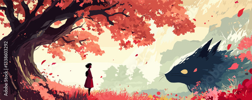 Young girl stands face-to-face with giant cat under vibrant autumnal tree in fantasy scene.