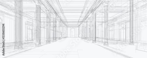 Architectural wireframe of spacious hall with columns and arched windows in monochrome.