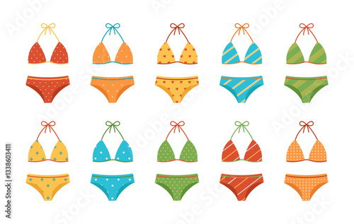 Colorful swimsuits set with different patterns. Fashion bikini collection. Bathing bras and panties. Women's clothes for summer vacation. Vector flat illustration isolated on white background