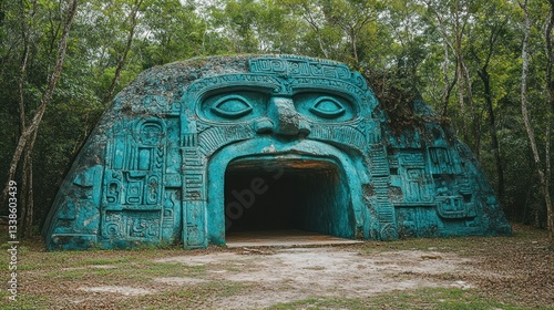 Fototapeta Naklejka Na Ścianę i Meble -  Teal stone carving of a face, forming a tunnel entrance in a lush green jungle