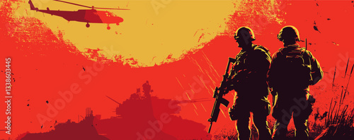 Soldiers in silhouette with helicopter and tank against a dramatic sunset background.