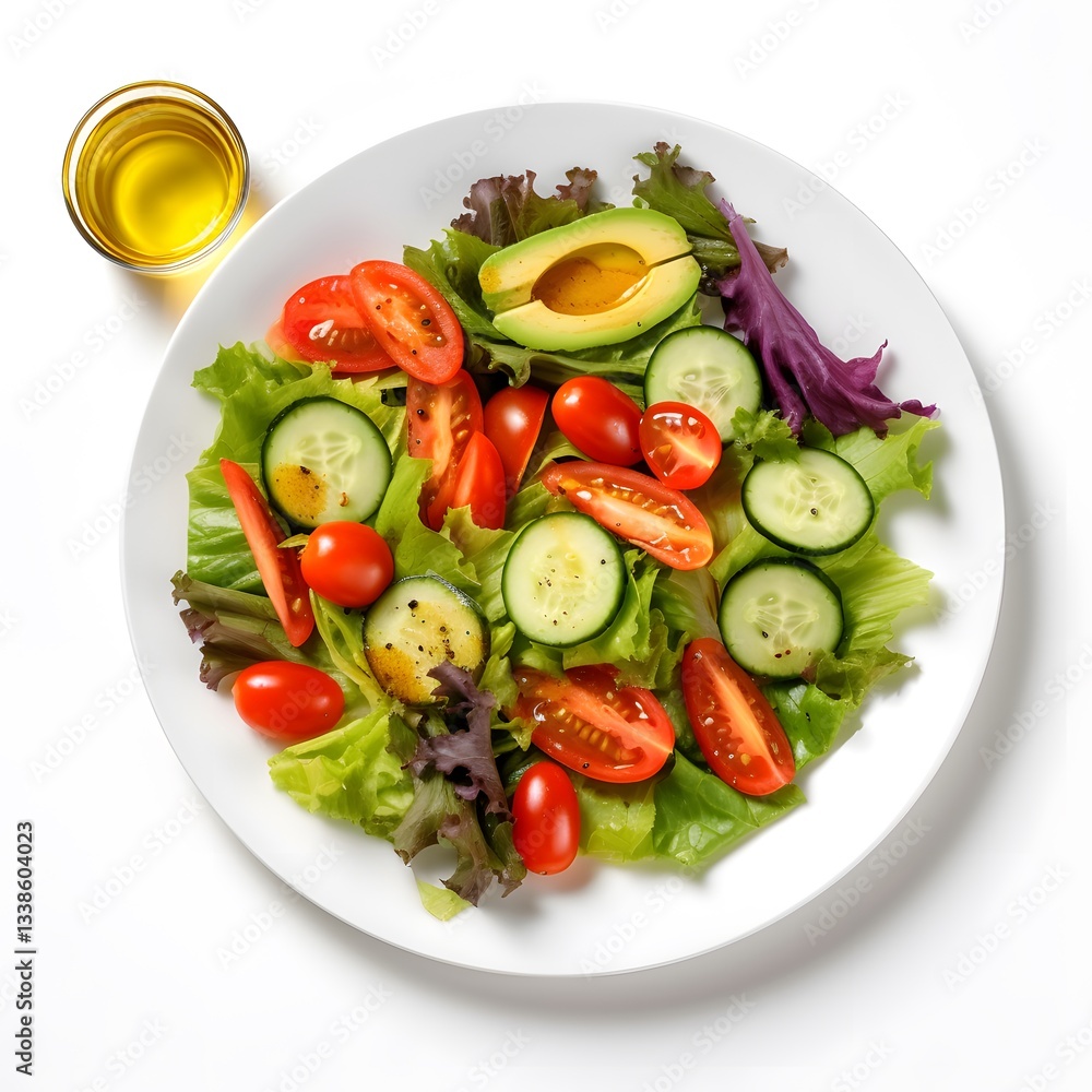 A plate of fresh vegetable salad with lettuce, cherry tomatoes, cucumber, carrots and avocado, on a white background A plate of fresh vegetable salad with lettuce, cherry tomatoes, cucumber, carrots and avocado, on a white background
