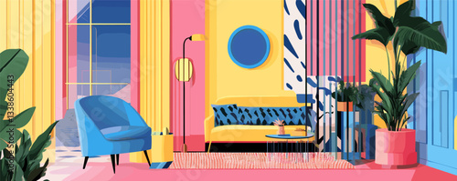 Colorful modern living room with bright furniture and vibrant decor elements.