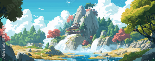 Tranquil mountain retreat amidst lush forest and majestic cliffs under blue sky.
