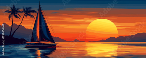 Sailboat silhouette at tropical sunset with palm trees and vibrant sky reflections.
