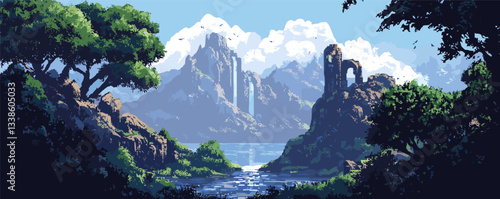 Fantasy landscape with ancient ruins and mountains at sunrise.