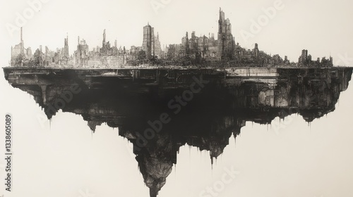 An island city exists on a monochrome floating landmass