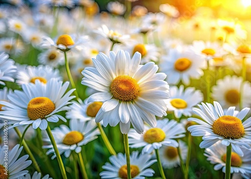 Macro view: vibrant white daisies burst against a colourful floral meadow backdrop.