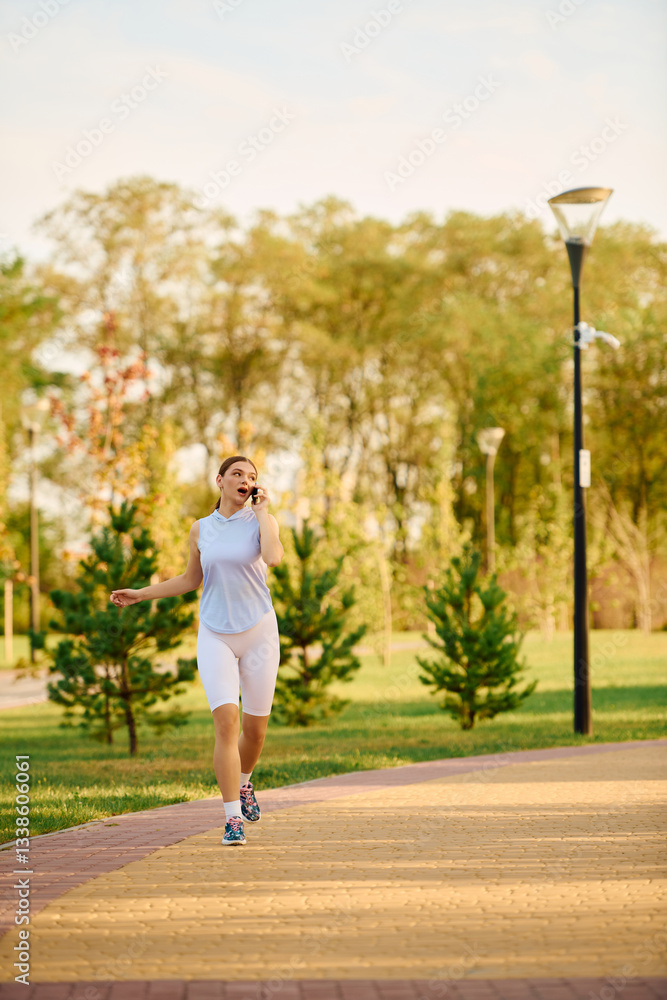 Sporty woman jogging on a sunny day in a tranquil park surrounded by greenery Sporty woman jogging on a sunny day in a tranquil park surrounded by greenery