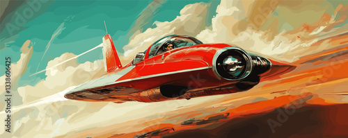 Futuristic red jet flying through dramatic sky with pilot in control.
