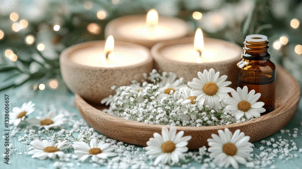 Tranquil spa scene with chamomile, candles, and essential oil Tranquil spa scene with chamomile, candles, and essential oil