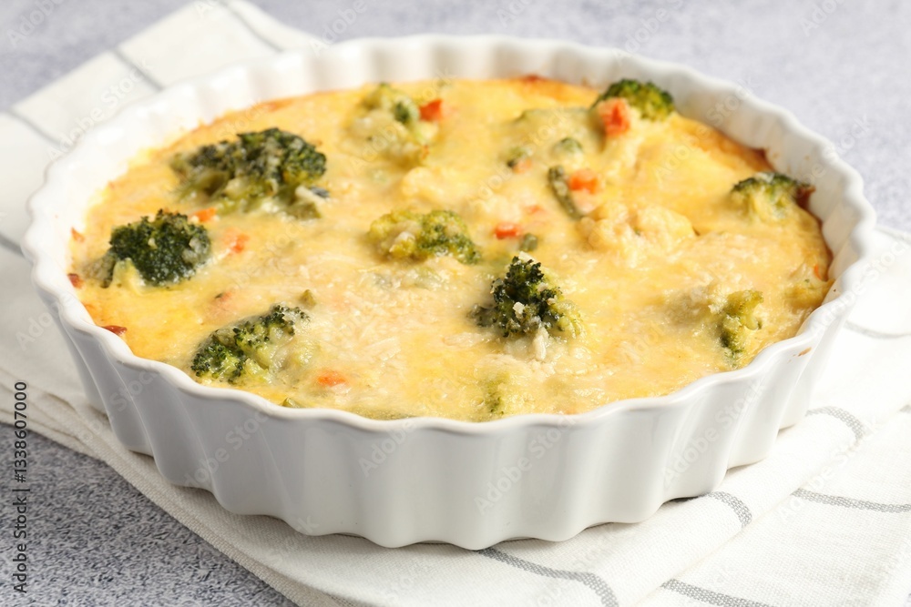 Delicious vegetable casserole on light table, closeup Delicious vegetable casserole on light table, closeup