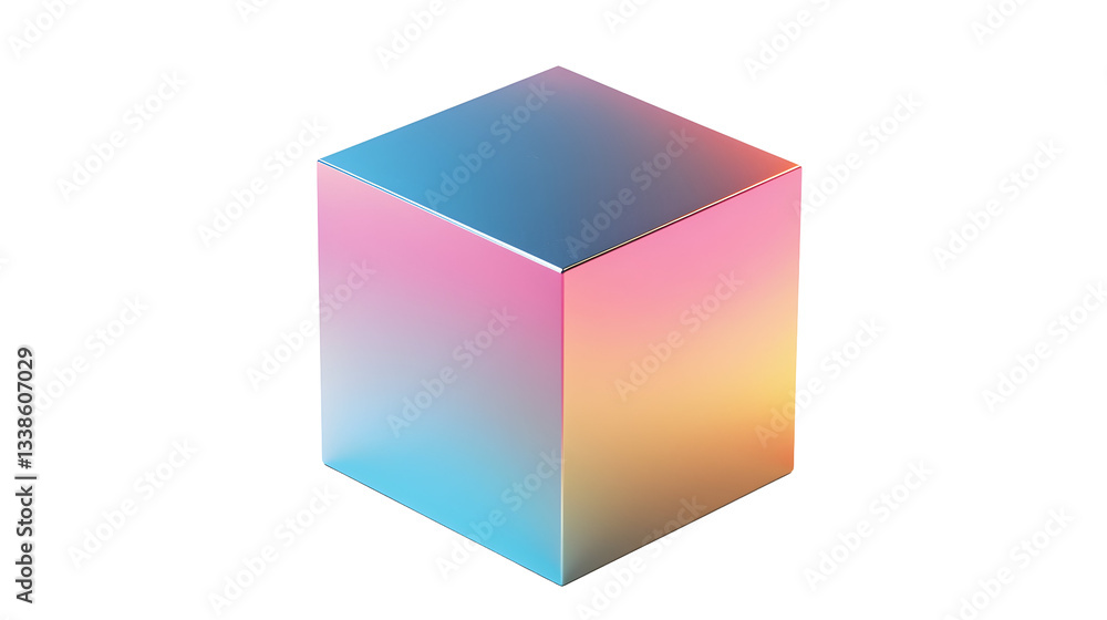Glossy metallic gradient cube, transitioning hues of pink, blue, and orange, modern 3D geometric shape, Transparent Background PNG Glossy metallic gradient cube, transitioning hues of pink, blue, and orange, modern 3D geometric shape, Transparent Background PNG