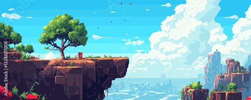 Serene landscape of cliff with lone tree, blue sky, and expansive clouds.