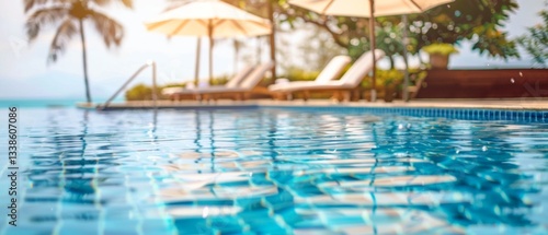 Sunny pool with clear water and sun loungers on the background of palm trees, conveying the feeling of relaxation and summer vacation, perfect for advertising resorts or hotels.