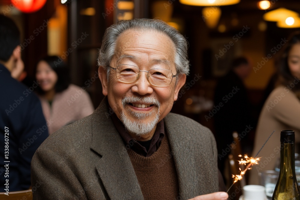 Elderly man joyfully celebrating with a sparkler at a cozy restaurant during a festive gathering in the evening Elderly man joyfully celebrating with a sparkler at a cozy restaurant during a festive gathering in the evening