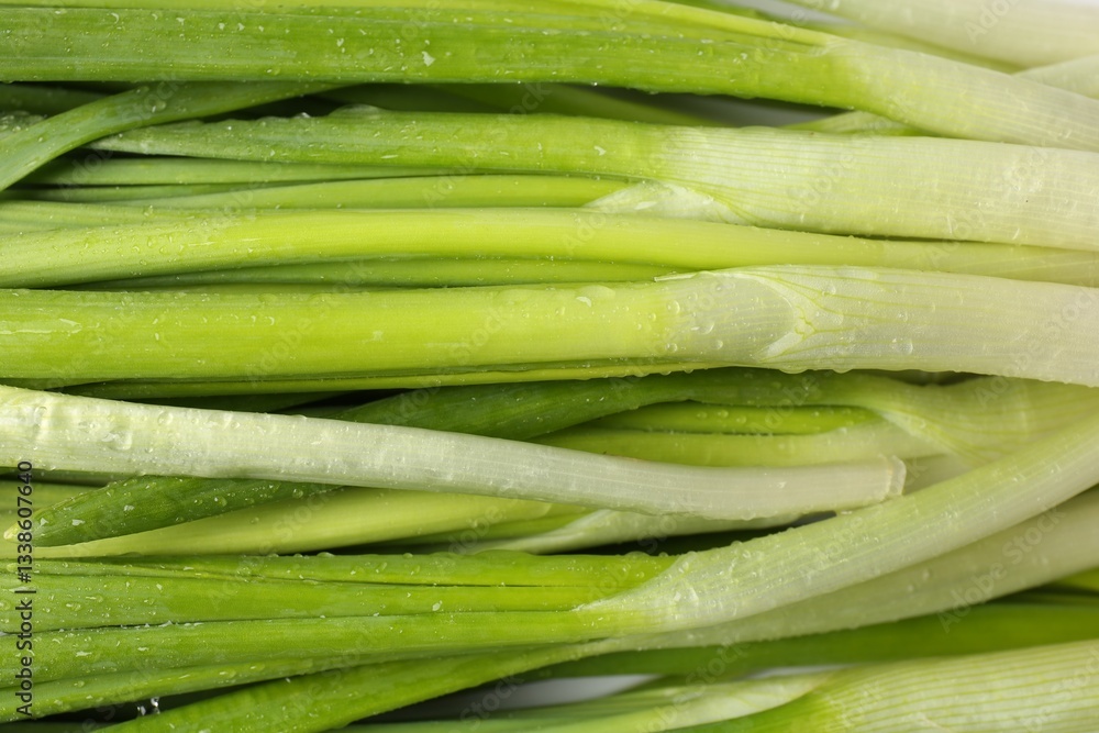Fresh green onions with water drops as background, top view Fresh green onions with water drops as background, top view