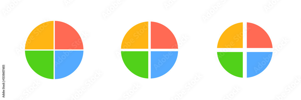 Fototapeta premium Three circular symbols divided into four quadrants, each quadrant filled with a different vibrant color.