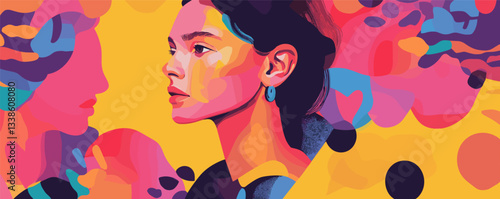 Colorful abstract portrait of a young woman looking sideways with vibrant patterns in the background.