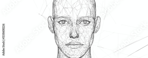 Geometric wireframe sketch of human head front view featuring intricate line patterns.