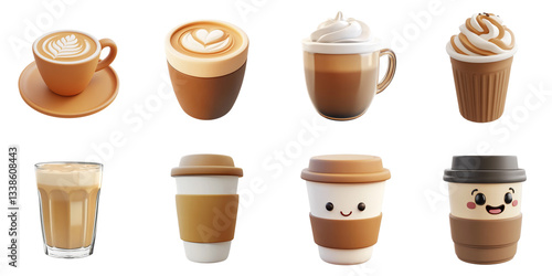 PNG Latte coffee no bg cartoon mockup set drink concept using for decoration.