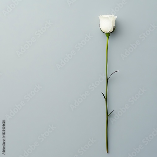 Single white rose on a grey background, viewed from above.