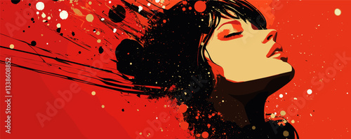 Vibrant abstract art of woman in red with dynamic brushstrokes and bold colors.