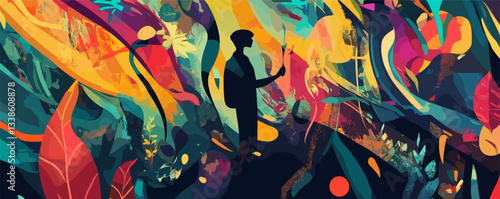 Silhouette of a man exploring colorful abstract nature with leaves and shapes.